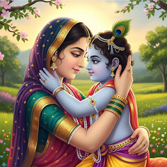 Mother Yashoda Embracing Baby Krishna in a Blooming Garden - Maternal Love & Divine Bond