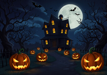 Spooky Halloween haunted house with glowing pumpkins and bats flying under a full moon