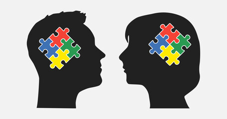 Head woman and man made puzzle pieces, brain, idea