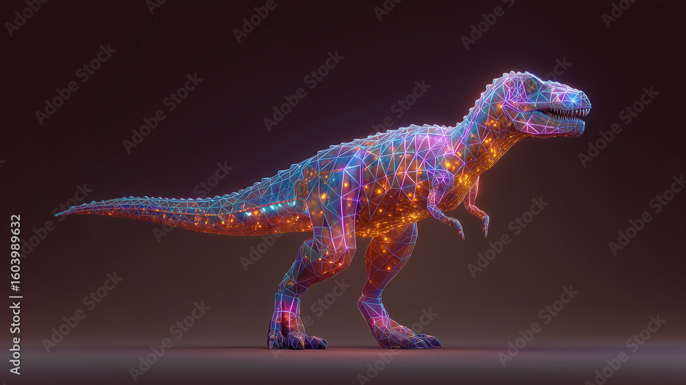 Poster this vivid representation of a dinosaur crafted from advanced mechanical components and ai design.