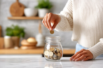 Hand drops coin into glass jar filled with money on modern kitchen counter. Bright, clean setting with greenery in background. Concept of personal finance, budgeting, savings strategy