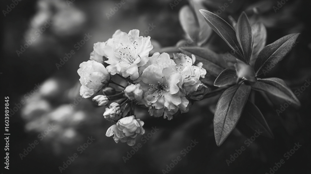 Poster a monochrome image showing a cluster of flowers with leaves in soft focus light