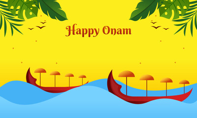 Happy Onam Festival Celebration with Snake Boats and Umbrellas Flat Design Illustration.