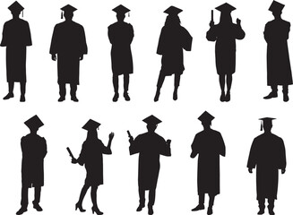 Graduation Silhouette Vector Set on White Background