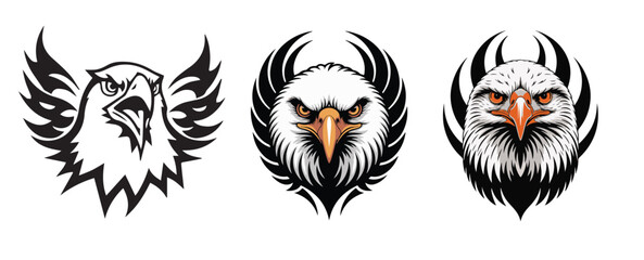 Vector Art of Eagle Logos: A Set of Illustrations Showcasing Different Styles of Eagle Heads with Intense Eyes and Feathers – Ideal for T-Shirts, Emblems, and Team Mascots

