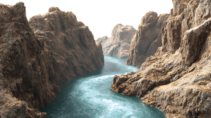 A vibrant turquoise river winds through a majestic canyon with sundrenched rocks isolated on transparent background