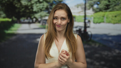 Woman clasping hands and furrowing brow in white sleeveless top in park; anxiety uncertainty...