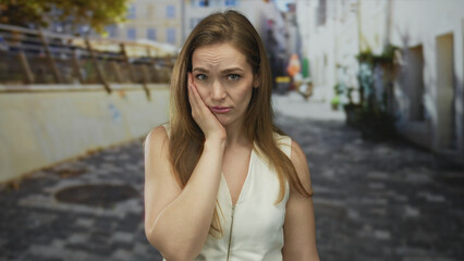 Young caucasian woman pressing her hand to her forehead and side of face on a city street in...