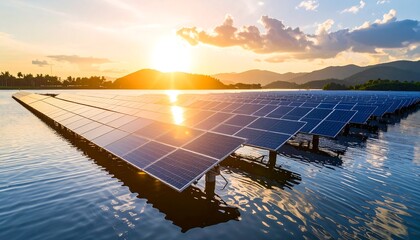 Floating solar panels at sunset over water