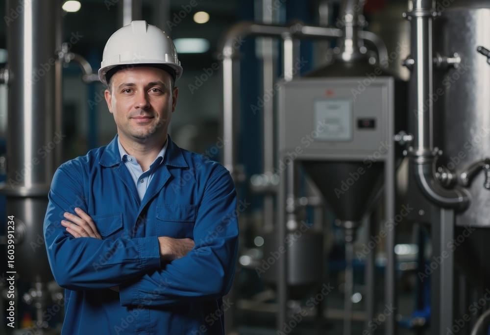 Poster oil refinery process operator monitoring distillation columns in a safe environment