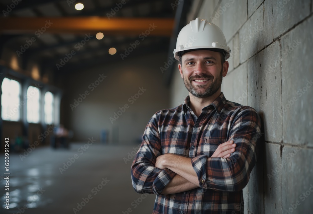 Poster smiling engineer in a hard hat, showcasing expertise in automation systems