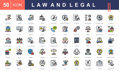 Law and Legal icon set featuring icons for legal advice, court, contract law, ethics, litigation, compliance, and legal documents. Ideal for law firms, justice projects, and legal services.