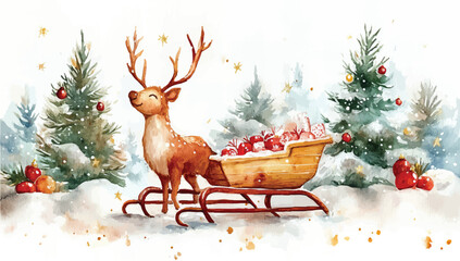 Fototapeta premium Watercolor Christmas deer with Santa Claus's sleigh with presents red gift box winter forest illustration pine trees New Year card