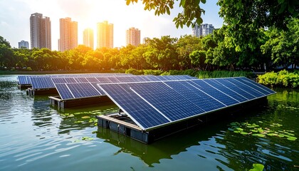 Floating solar panels in a park by city buildings