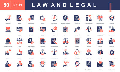 Law and Legal icon set featuring icons for legal advice, court, contract law, ethics, litigation, compliance, and legal documents. Ideal for law firms, justice projects, and legal services.