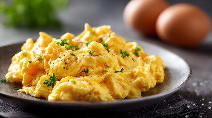 A generous serving of fluffy, golden scrambled eggs, speckled with pepper and fresh herbs, is presented on a plate with two whole eggs blurred in the background.