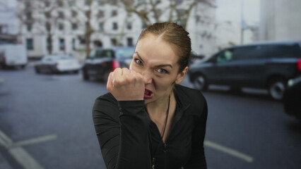Fototapeta premium Woman trainer points finger in city street next to cars wearing black jacket and whistle; determination.