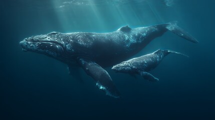 Obraz premium A majestic humpback whale mother and her calf swimming gracefully through the deep blue ocean.