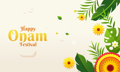 Happy Onam Festival Celebration with Tropical Leaves Flat Design Illustration.