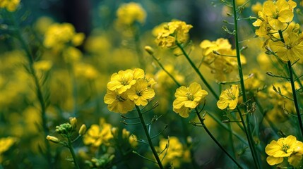 A field of bright yellow rapeseed flowers bloom in a soft-focus outdoor setting. This beautiful image evokes joy, nature, and can be used for many projects.