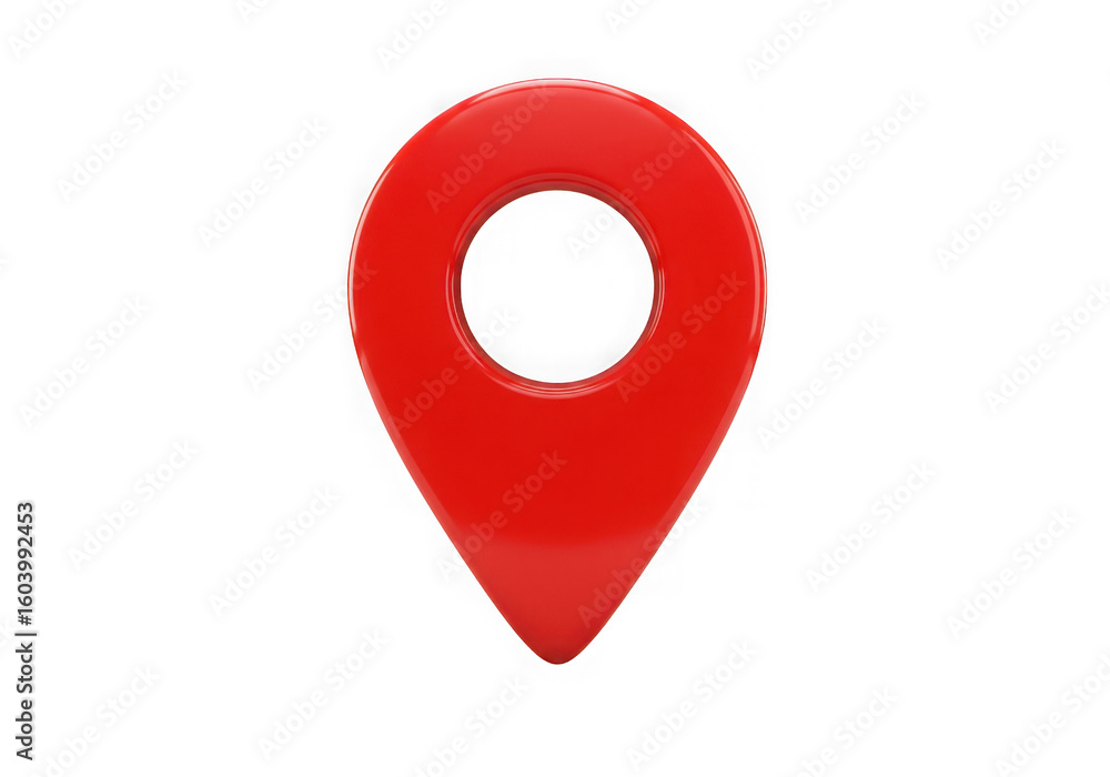 Poster a glossy red location pin on a transparent background signifies mapping navigation and location serv