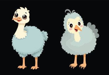 Vector Art of Two Cute Baby Chickens: One with White and Blue Feathers, the Other with Grey Feathers – Perfect for Kids' Branding, Animal Themes, and Easter Designs

