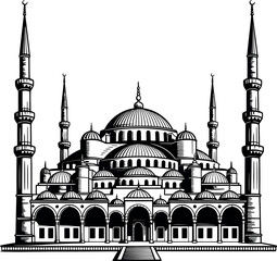 Black and white illustration of a large mosque with multiple domes and minarets Islamic architecture