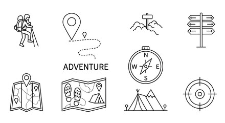 Adventure and outdoor exploration icon collection. Vector line art set for hiking, camping, and travel navigation concepts.