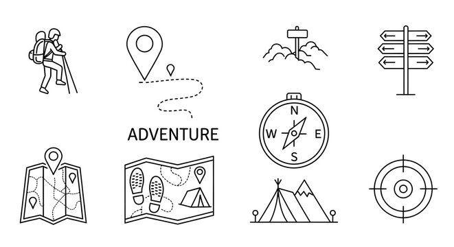 Adventure and outdoor exploration icon collection. Vector line art set for hiking, camping, and travel navigation concepts.