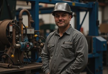 Heavy equipment welder posing confidently in a workshop environment