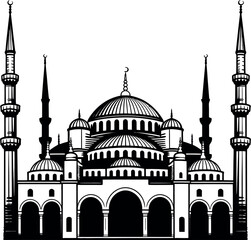 Fototapeta premium Black and white silhouette of a large mosque with multiple domes and minarets Islamic architecture