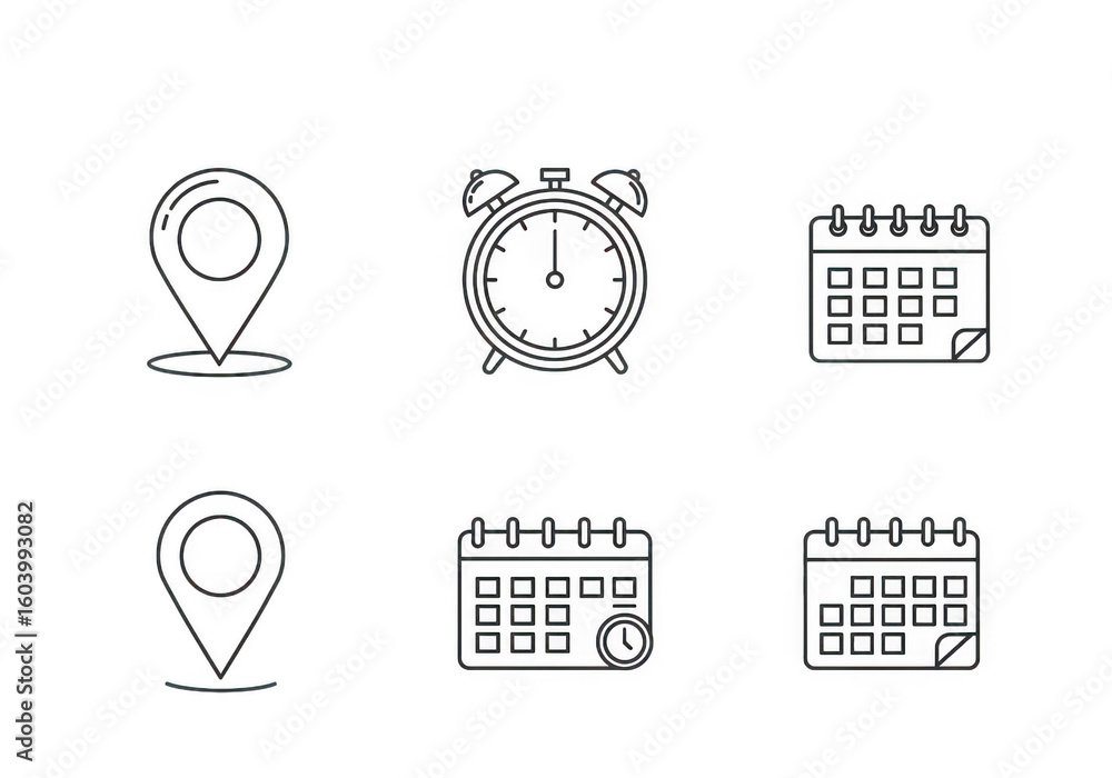 Poster linear icons depicting location time and schedule management for effective planning and organization