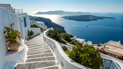Obraz premium Santorini stairs and sea view with white buildings