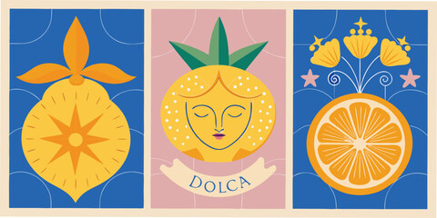 Artistic illustration featuring stylized fruit designs like pear pineapple and orange slices suitable for print or digital projects