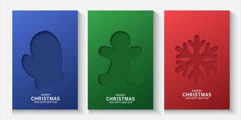 Christmas banner with cutout designs on blue, green, red background. Christmas minimal poster ,flayes, cards with Xmas tree, ornament ball, gift box, snowflakes inside shadow, merry Christmas for ads.