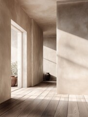 Beige hallway with natural light. Sunlight streams through a doorway onto a wooden floor