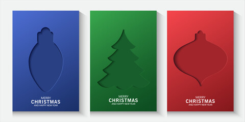 Christmas banner with cutout designs on blue, green, red background. Christmas minimal poster ,flayes, cards with Xmas tree, ornament ball, gift box, snowflakes inside shadow, merry Christmas for ads.