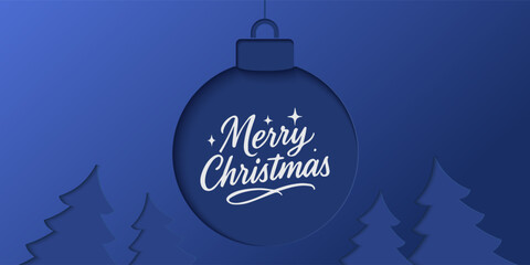 Christmas banner with cutout designs on blue, green, red background. Christmas minimal poster ,flayes, cards with Xmas tree, ornament ball, gift box, snowflakes inside shadow, merry Christmas for ads.