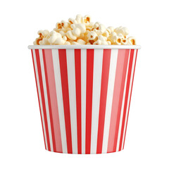 Fresh yellow popcorn in a red and white striped box, bucket, or glass, an isolated cinema movie snack