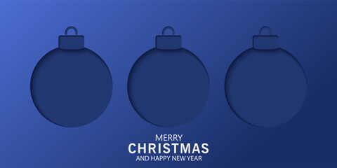 Christmas banner with cutout designs on blue, green, red background. Christmas minimal poster ,flayes, cards with Xmas tree, ornament ball, gift box, snowflakes inside shadow, merry Christmas for ads.