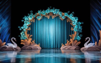 Dramatic theatrical stage set with swans, floral arch and blue velvet curtain