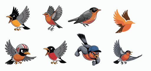 A Set of Cute and Energetic Cartoon Birds in Various Poses, Including Flying, Singing, and Wearing Hats. Perfect for games, apps, children's books, or any brand seeking a lively and friendly animal ma