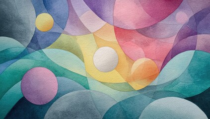Abstract watercolor circles and ovals in vibrant colors, layered and overlapping, creating a sense of depth and movement