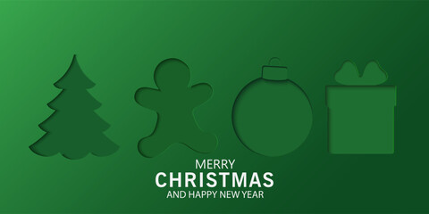 Christmas banner with cutout designs on blue, green, red background. Christmas minimal poster ,flayes, cards with Xmas tree, ornament ball, gift box, snowflakes inside shadow, merry Christmas for ads.
