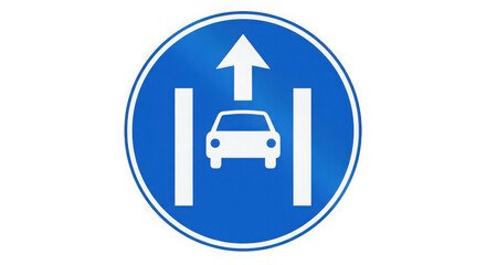 A blue road sign indicating vehicles must proceed straight ahead with a white car and arrow isolated on transparent background