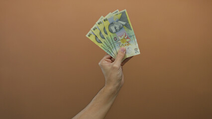 Hand of a caucasian man holding romanian lei banknotes against a brown wall background, emphasizing...