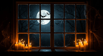 Capture the spooky Halloween night mood with bats flying past the moonlit window