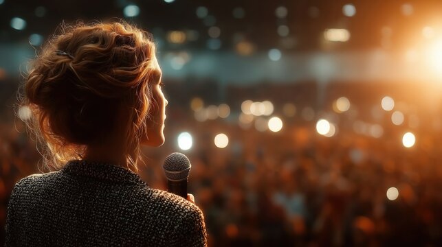 Woman from behind speaking into a microphone on stage before an audience. Presentation, conference, public speaking, education