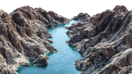 Vibrant blue river flows through a rugged canyon with steep rocky walls isolated on transparent background