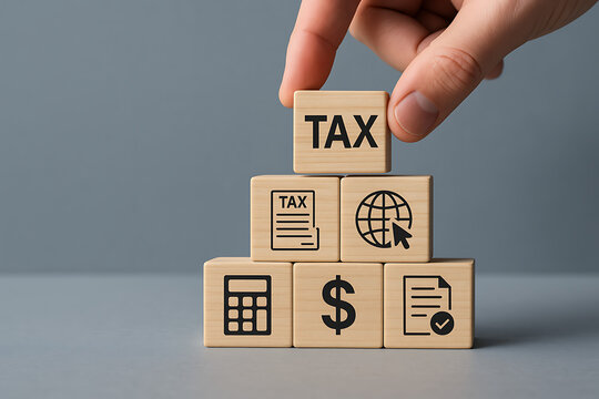 Tax structure concept with financial symbols and global accounting blocks for business and economy planning with calculator and money document